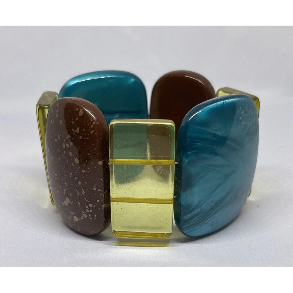 Large Wide Chunky Lucite Beaded Brown Blue Stretch Vintage Statement Bracelet